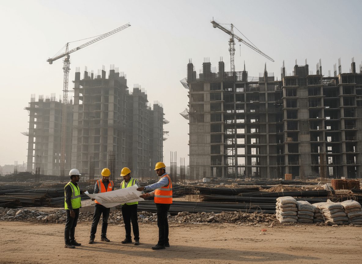Four construction workers in hard hats and vests examine blueprints at a dusty construction site with towering buildings and cranes.