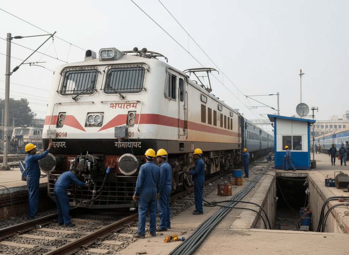 Indian railway workers in blue overalls and yellow hard hats inspect a white and red train engine on tracks.