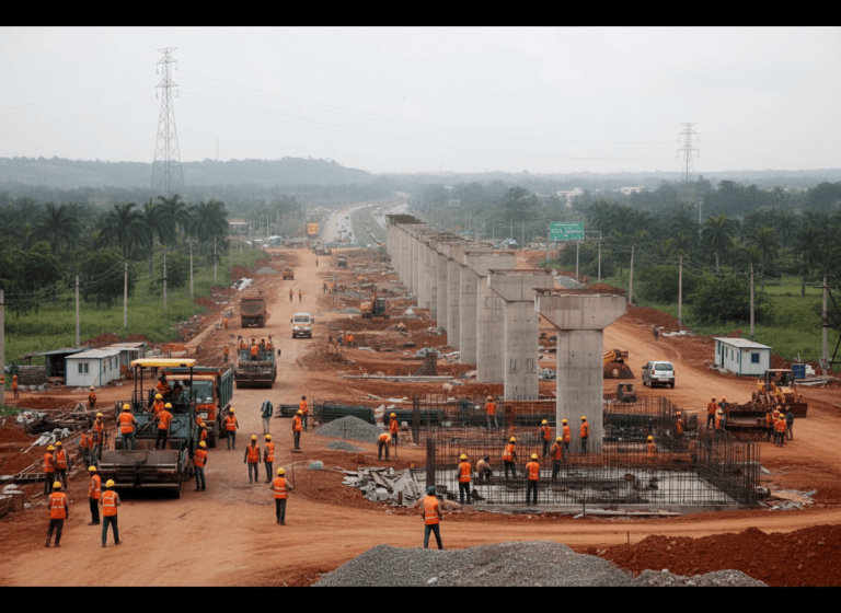 A wide shot of a massive highway construction site in India, with numerous workers in orange vests and hard hats.