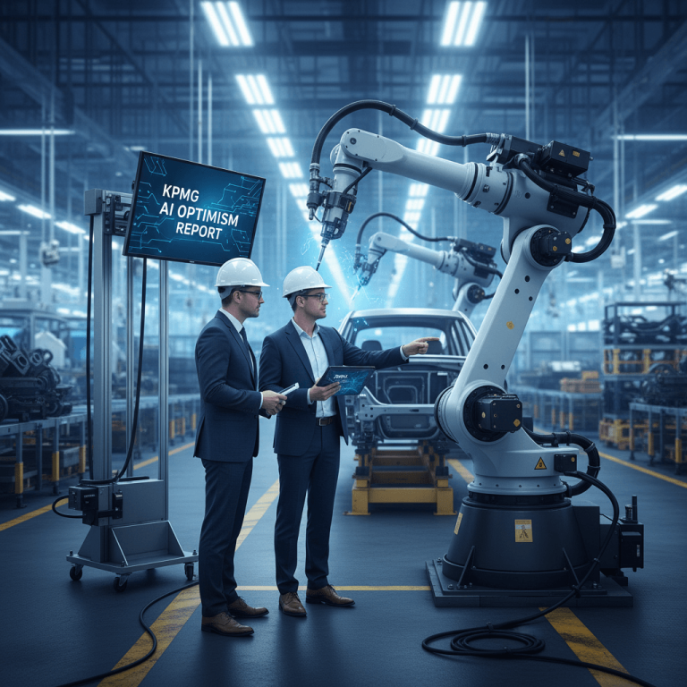 Two executives in hard hats observe a robotic arm at work in an automotive manufacturing plant.