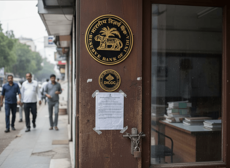 A locked wooden bank door with RBI and DICGC emblems, a public notice, and a glimpse of an office inside. People walk by outside.