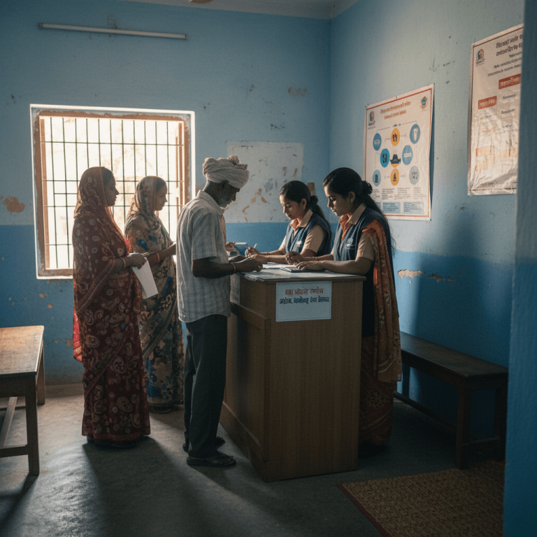 A group of people, including two women in traditional Indian attire and an elderly man, interact with female banking agents.