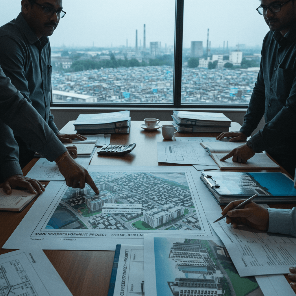A group of urban planners points at maps and documents spread on a table, overlooking a densely populated city and industrial skyline.