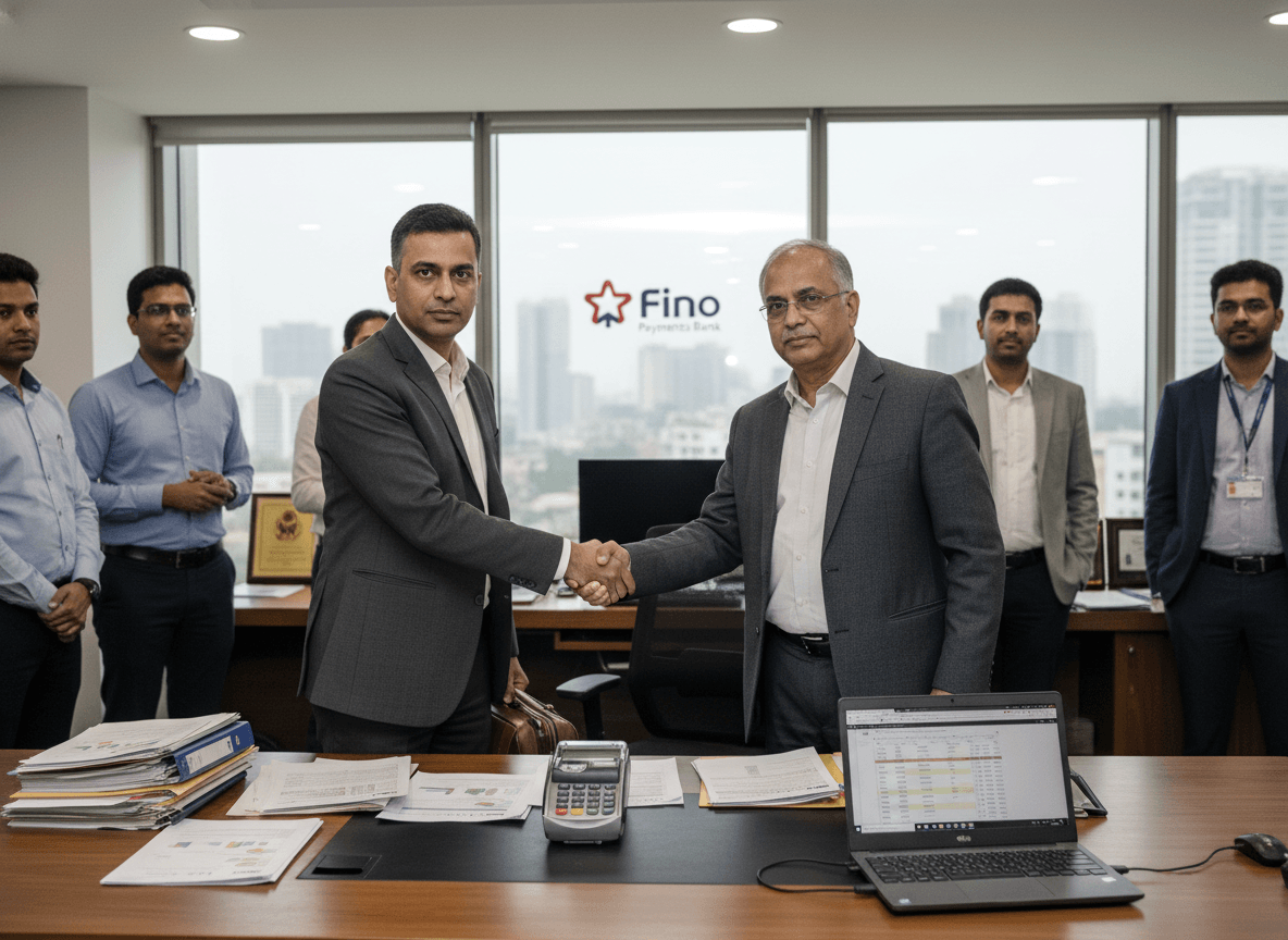 Two men in suits shake hands over an office desk with documents and a payment terminal, observers stand in the background.