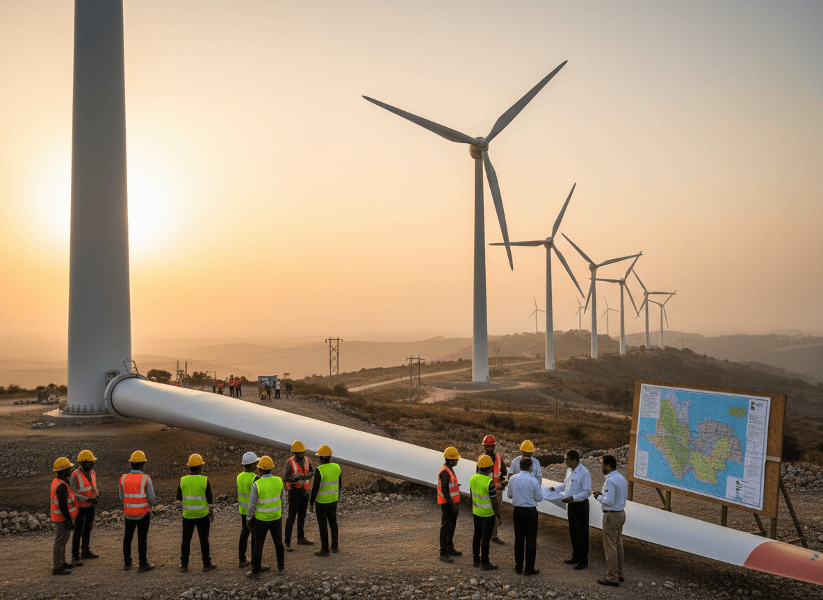 A group of engineers and government officials stand around a large wind turbine blade, reviewing plans at a wind farm during sunset.