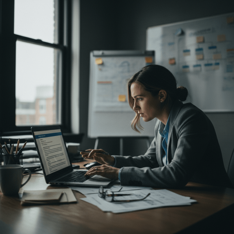 A business executive, seen in profile, intently working on a laptop in a subtly lit office, appearing focused and serious.