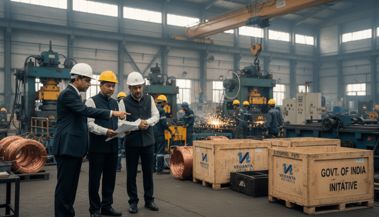 Three men in hard hats and suits examine documents on a factory floor with machinery, workers, and crates in the background.