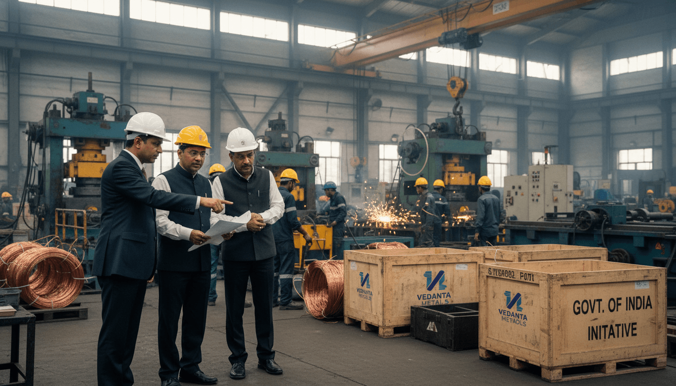 Three men in hard hats and suits examine documents on a factory floor with machinery, workers, and crates in the background.