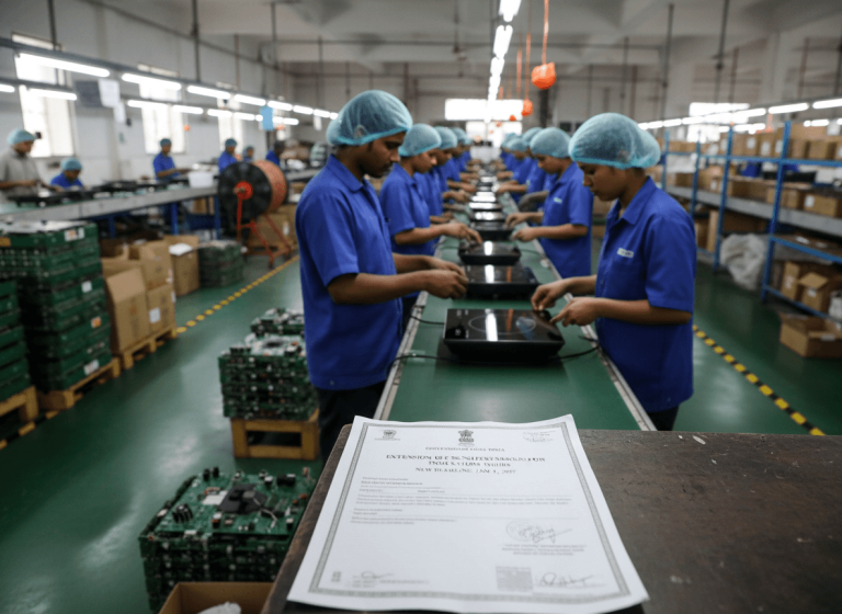 A policy document on induction hob energy efficiency sits on a workbench in an Indian electronics factory, with workers assembling appliances.