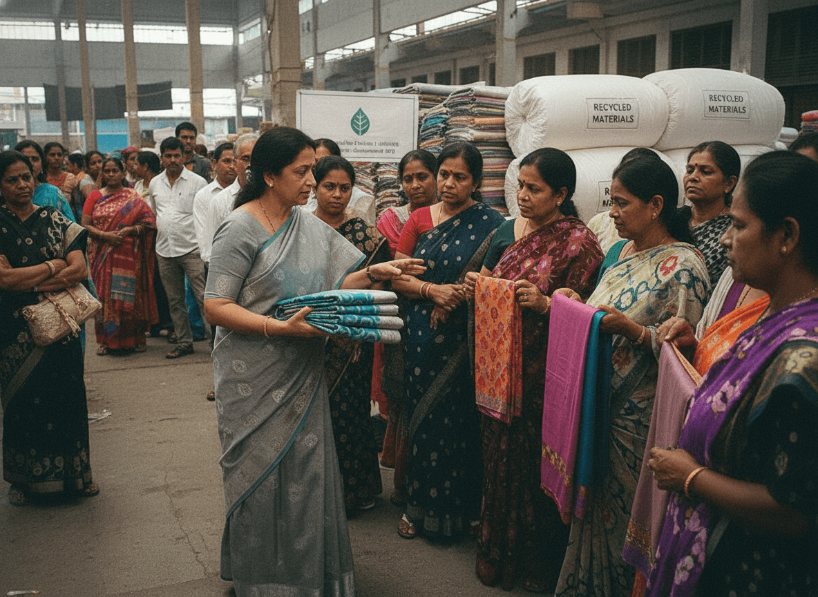 A group of women, many in saris, gather around a government official holding textile samples in a bustling market.