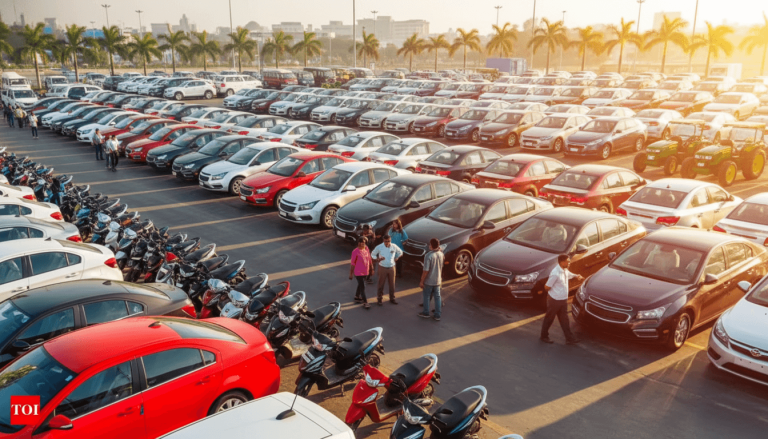 An expansive outdoor parking lot in India is packed with rows of new vehicles, including cars, motorcycles, and tractors, under a warm sunset glow.