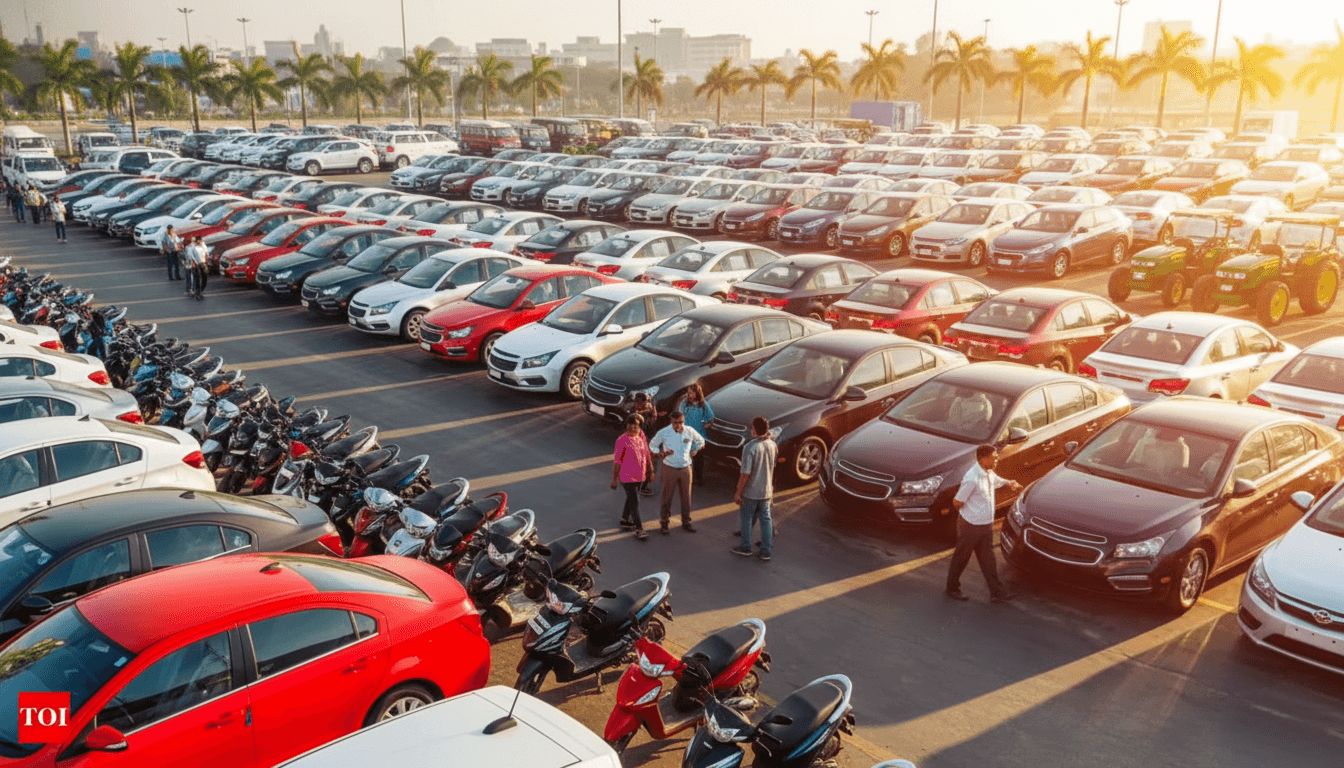 An expansive outdoor parking lot in India is packed with rows of new vehicles, including cars, motorcycles, and tractors, under a warm sunset glow.
