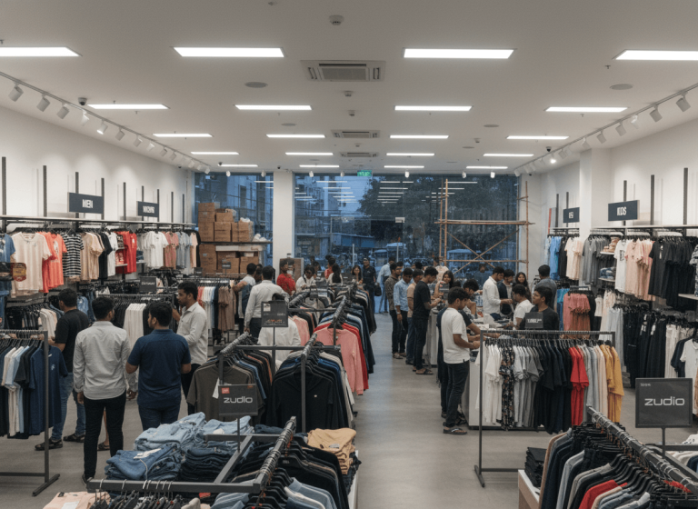 Wide shot inside a bustling Zudio fashion store, with numerous customers looking through clothing on racks under bright lighting.