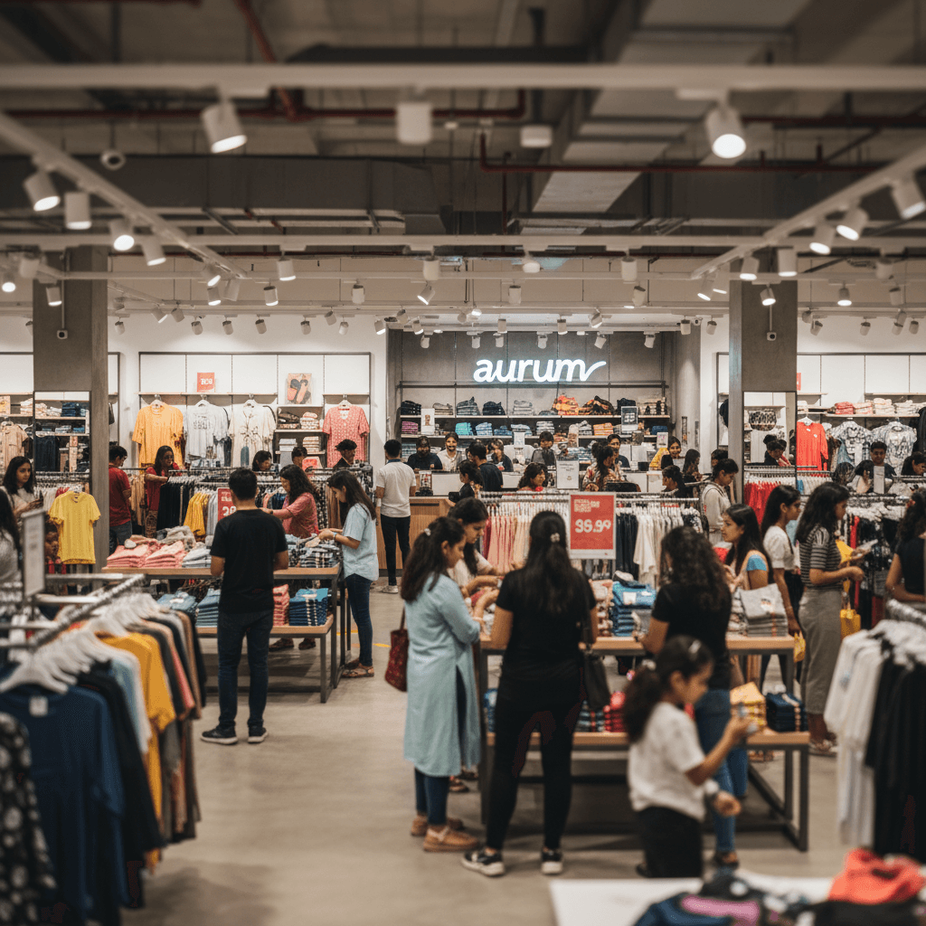 A wide-angle shot inside a busy clothing store, with numerous customers looking through racks of garments.