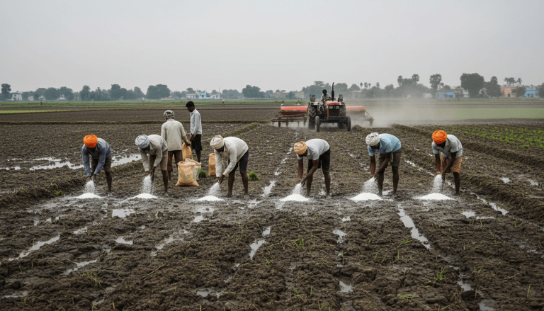 A group of Indian farmers in traditional attire manually spreading white urea fertilizer across a wet, muddy field.