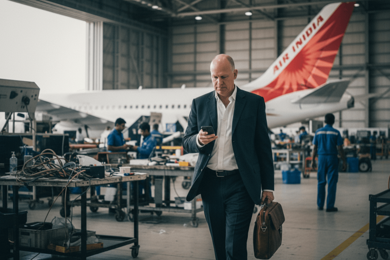 Campbell Wilson, dressed in a suit, walks through an aircraft hangar, looking at his phone. An Air India plane is visible in the background.