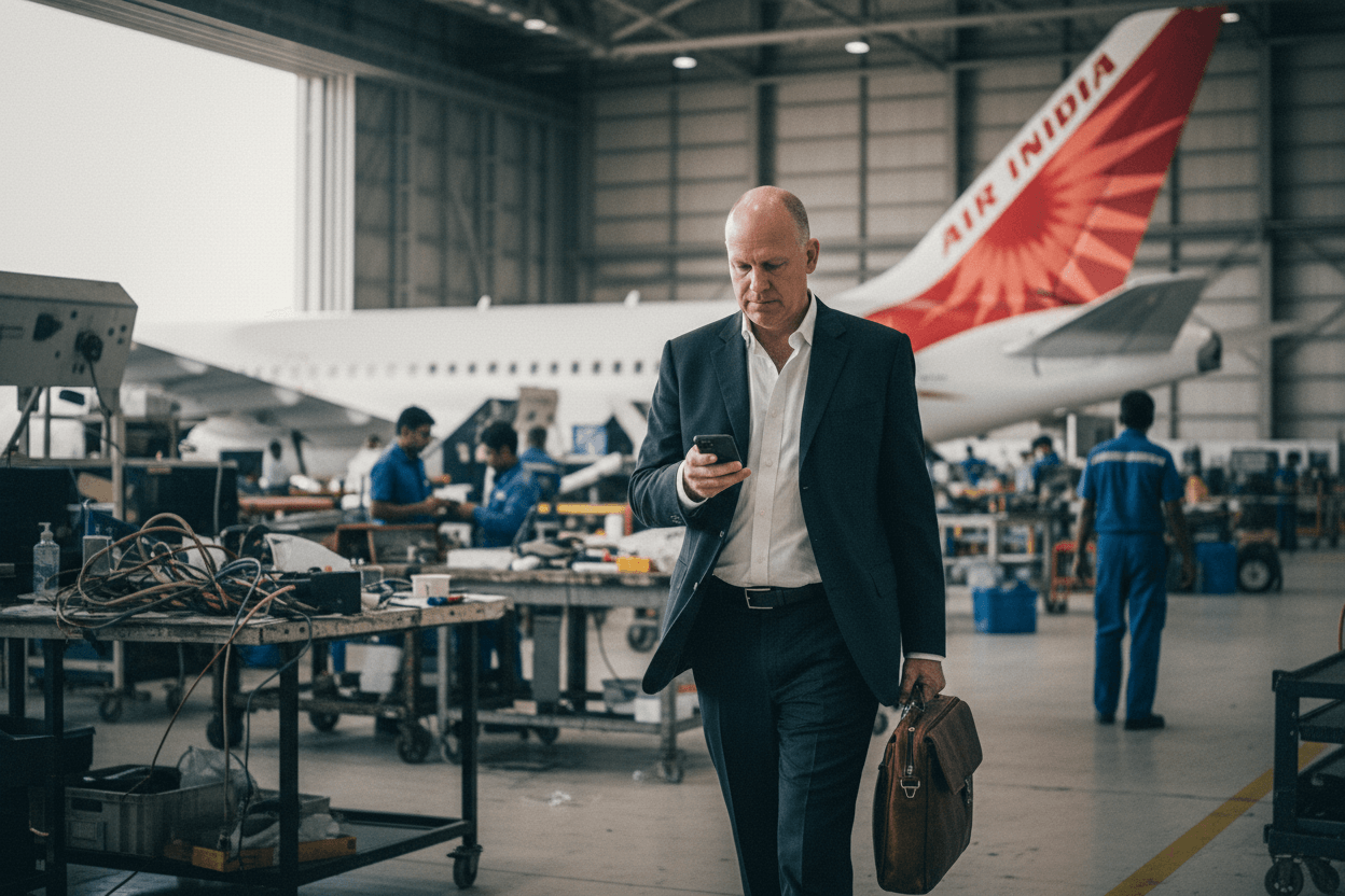 Campbell Wilson, dressed in a suit, walks through an aircraft hangar, looking at his phone. An Air India plane is visible in the background.
