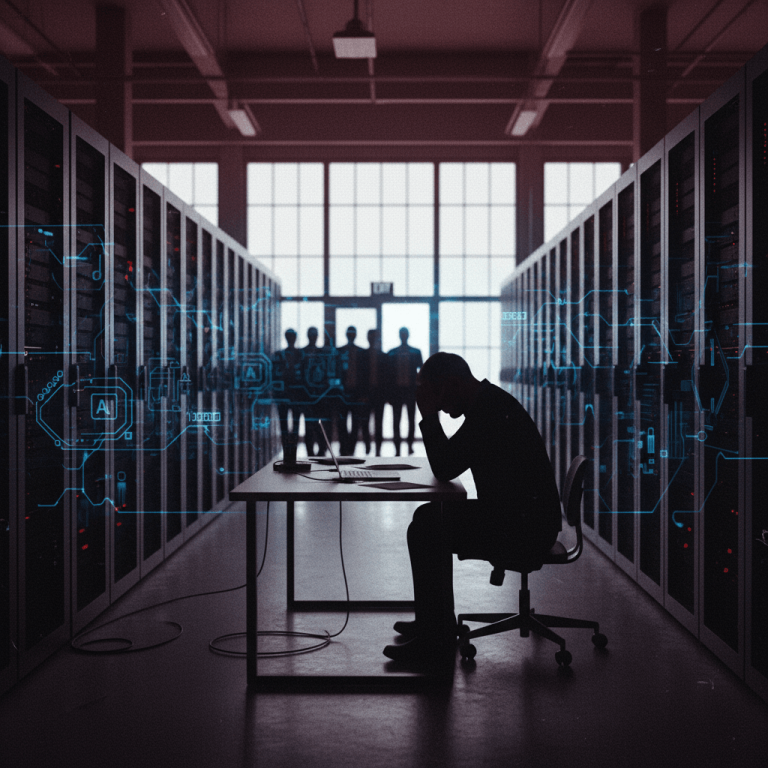 A man in silhouette sits at a desk, head in hands, amidst rows of server racks. Figures walk towards an exit in the distance.