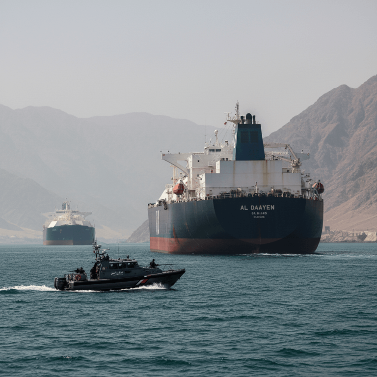A patrol boat with armed personnel cuts across the water near two large LNG tankers, with mountains in the background.