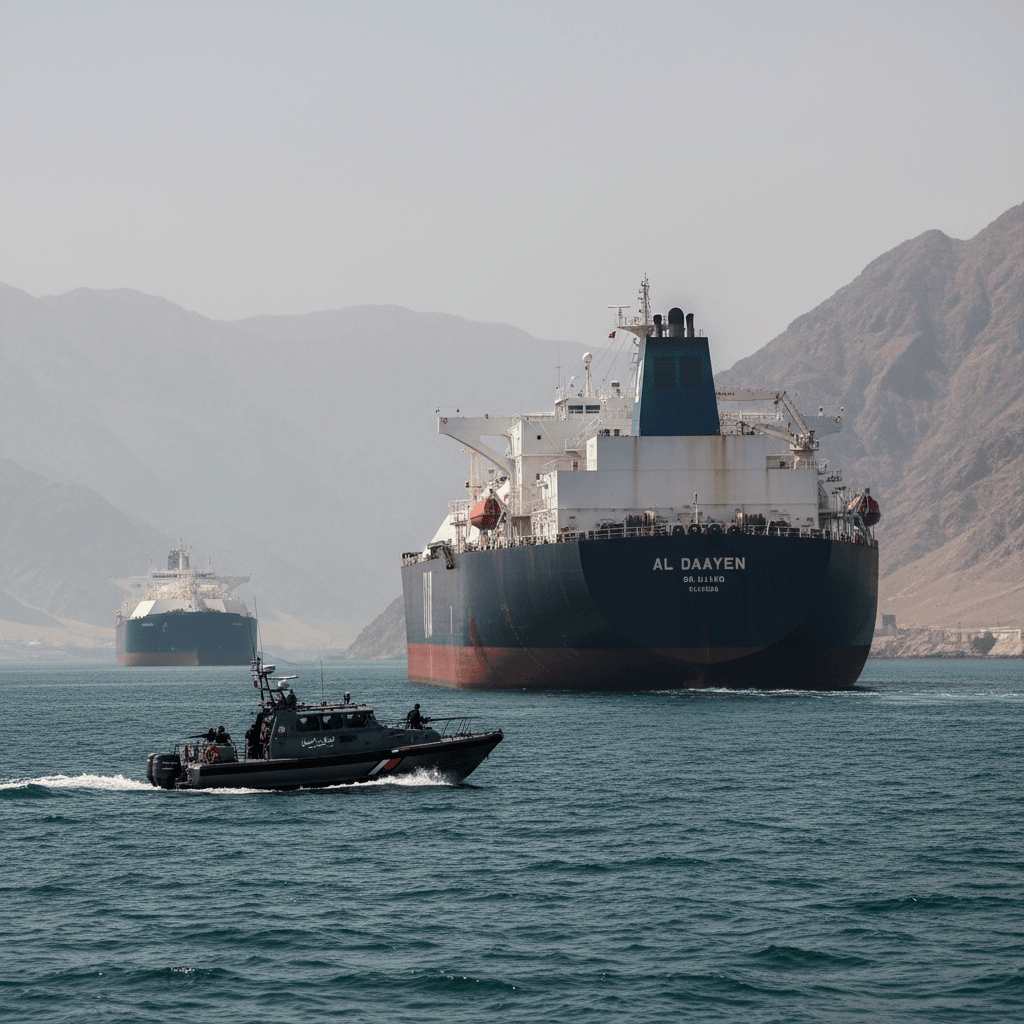 A patrol boat with armed personnel cuts across the water near two large LNG tankers, with mountains in the background.