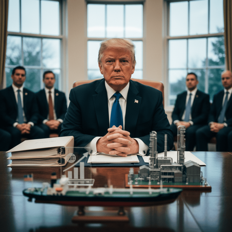 Former President Donald Trump sits at a large desk with his hands clasped, looking directly at the camera. A model oil refinery and a miniature oil tanker are on the table in front of him. Several men in suits are blurred in the background.