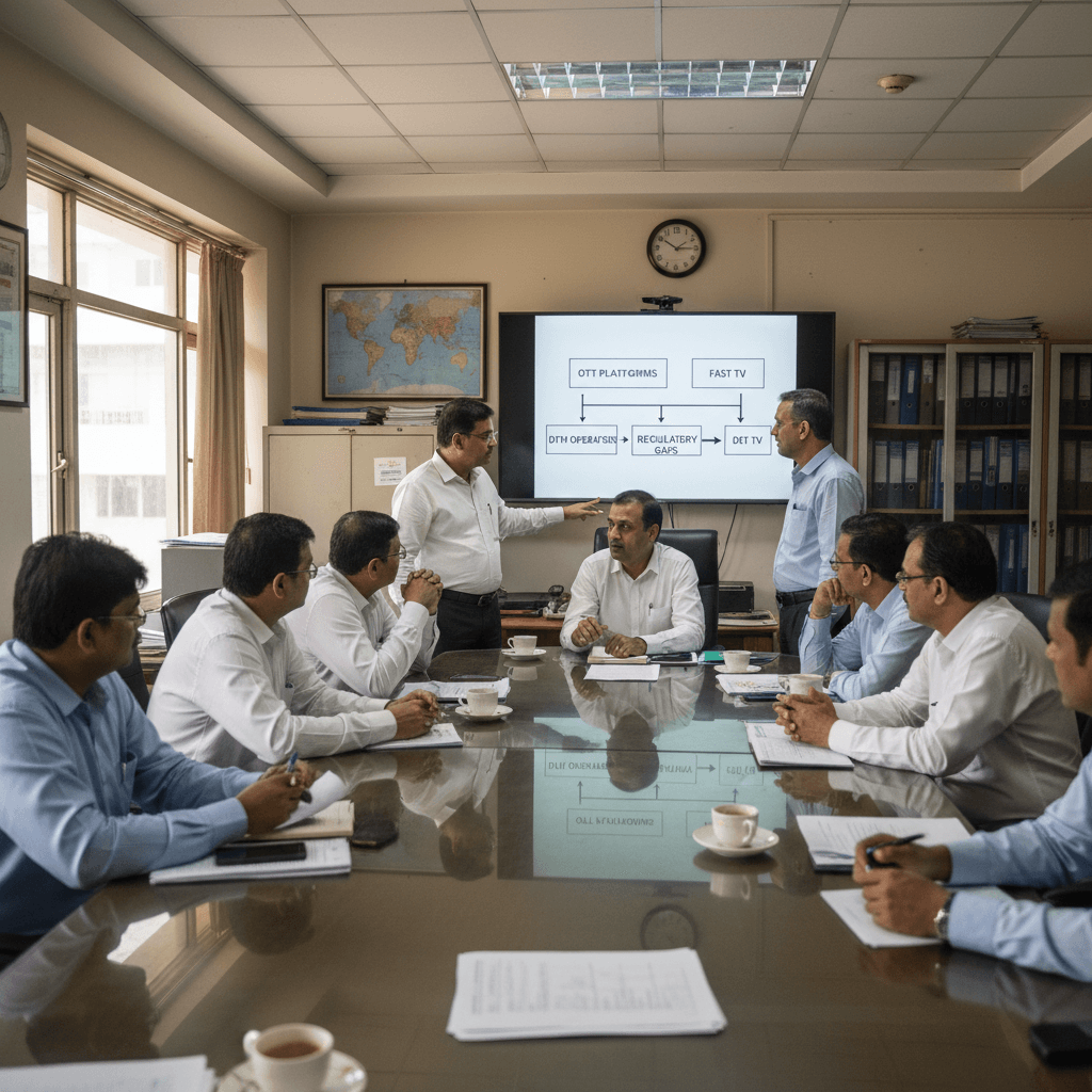 A group of Indian officials in a meeting room, one pointing at a screen displaying a diagram about OTT platforms.