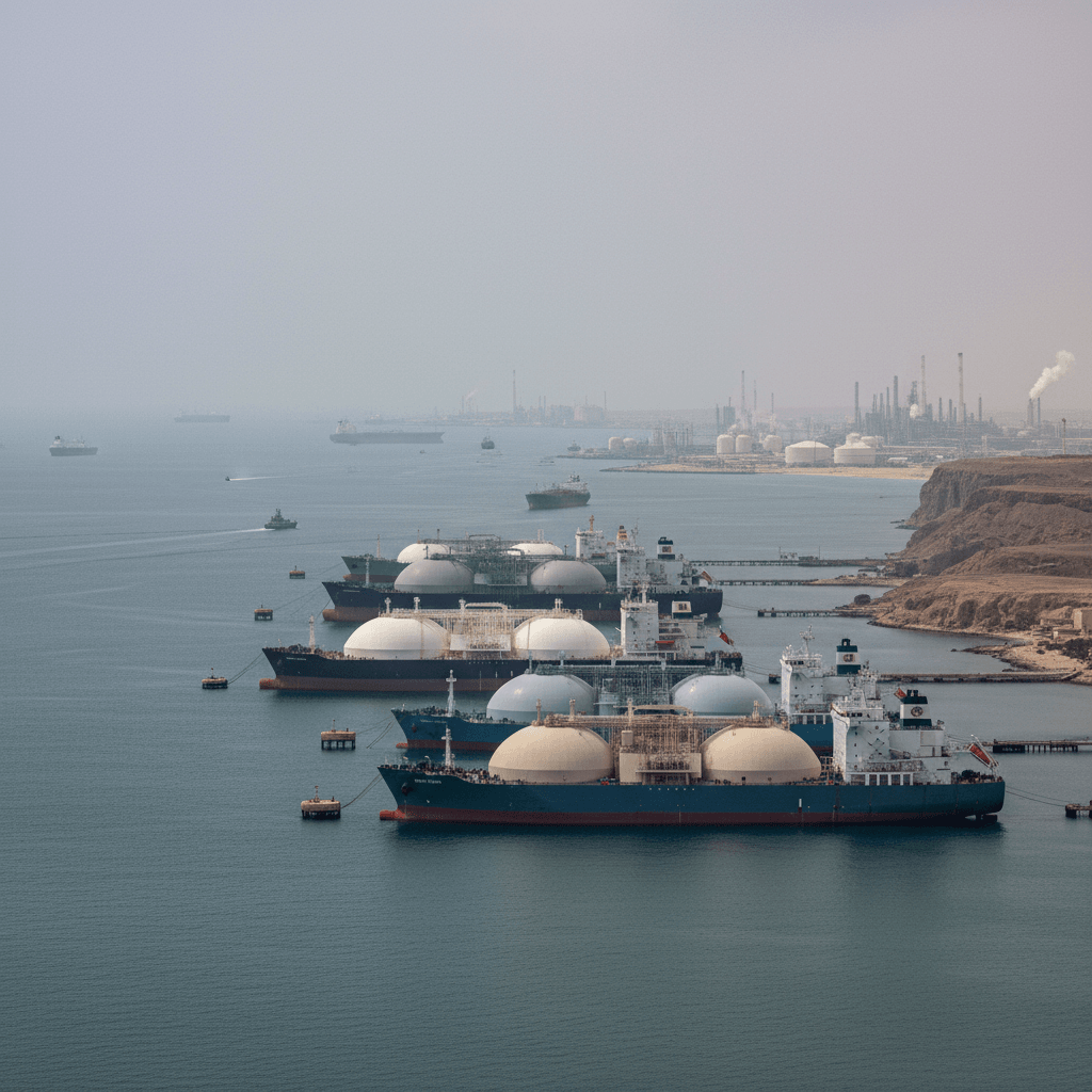 A line of large LNG tankers anchored in the calm waters of the Persian Gulf, with an industrial refinery coastline in the distance.