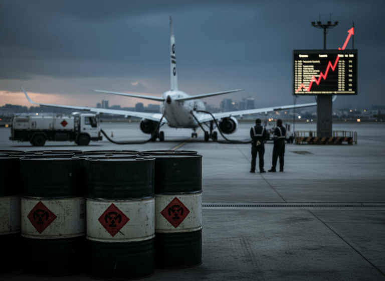 An airfield scene at dusk with stacked oil drums in the foreground and a jet being refueled in the midground.