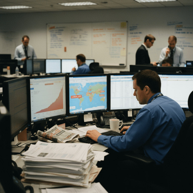 A man in a blue shirt works at a desk with multiple computer screens displaying flight routes and economic graphs.
