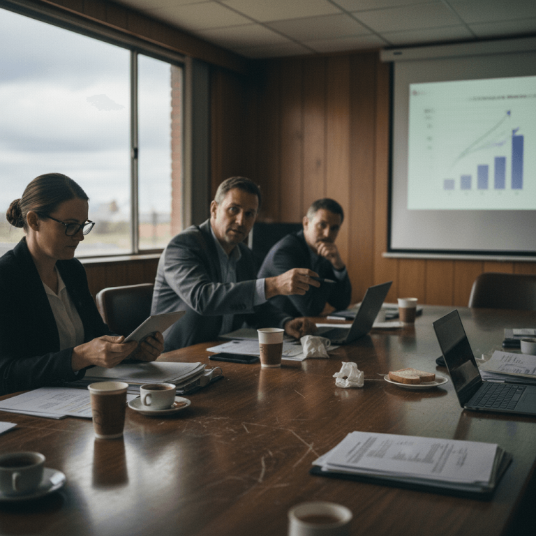 Three executives in a dimly lit boardroom. One man points at a laptop while a woman reviews documents.