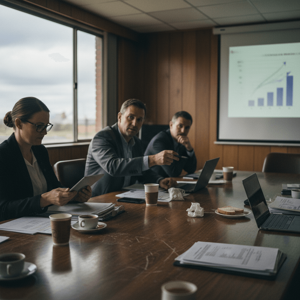Three executives in a dimly lit boardroom. One man points at a laptop while a woman reviews documents.