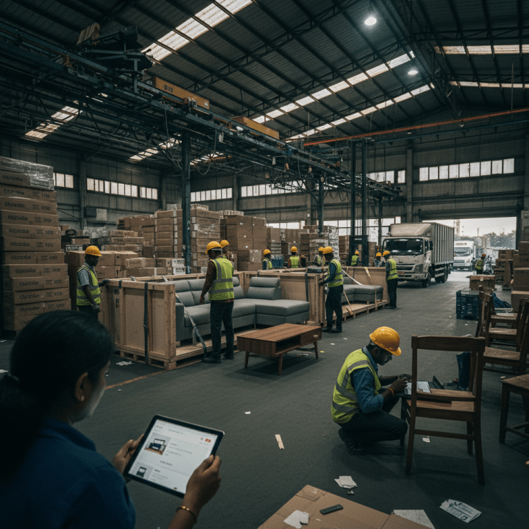 A busy warehouse in India with workers in yellow vests and hard hats moving furniture. A woman in the foreground uses a tablet.