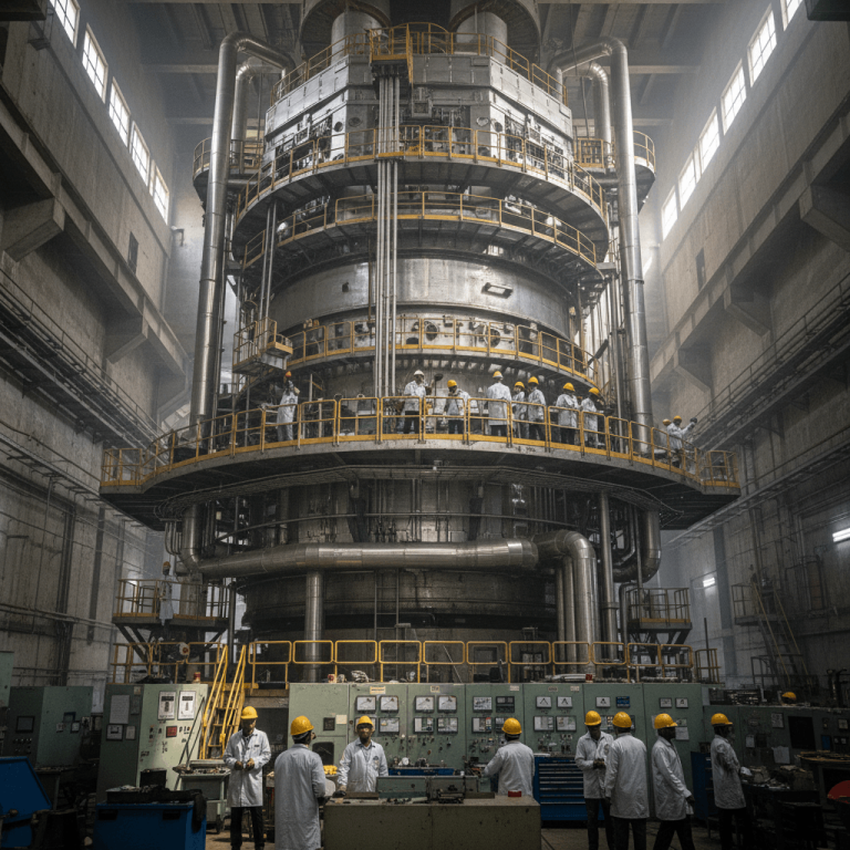 A group of engineers and technicians in hard hats and white lab coats work around a massive, cylindrical nuclear reactor.