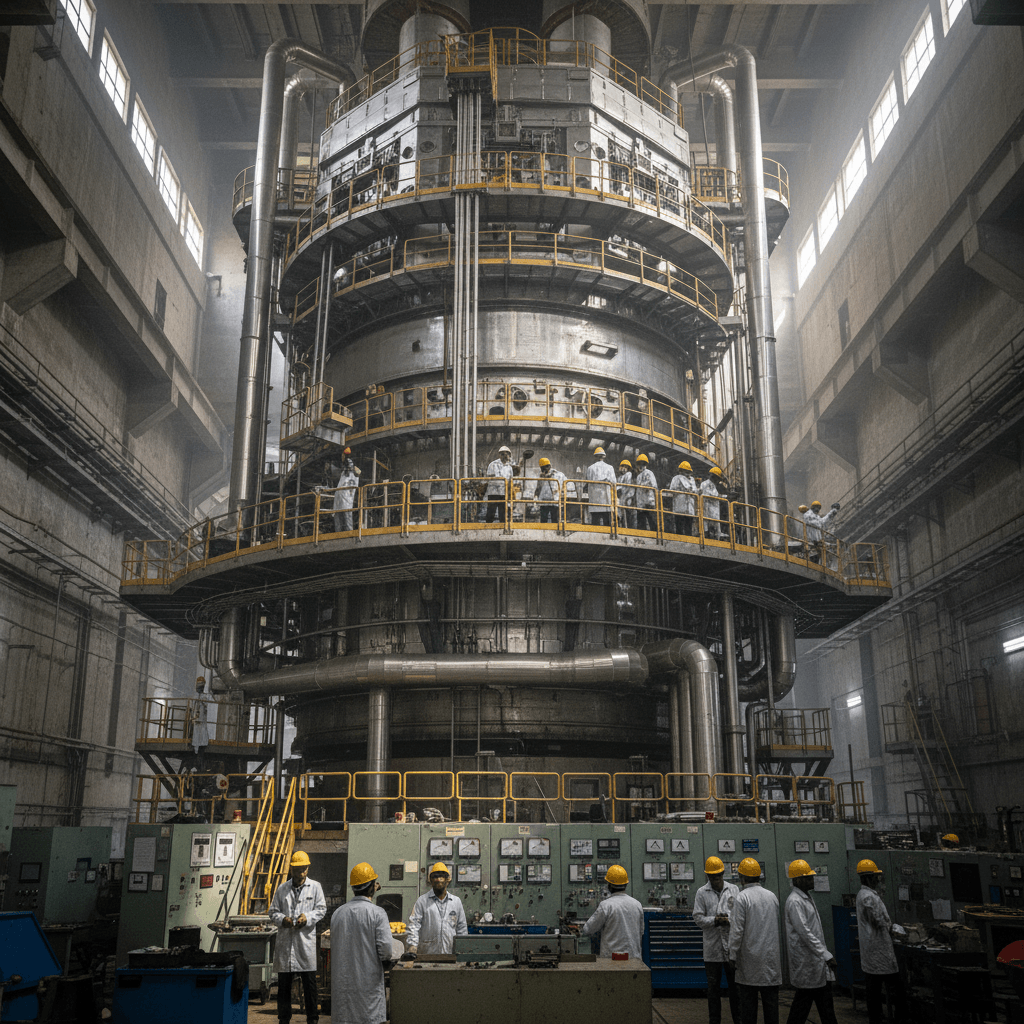 A group of engineers and technicians in hard hats and white lab coats work around a massive, cylindrical nuclear reactor.