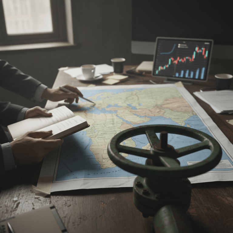 Two people in suits review a world map and a financial chart on a laptop, with a large green valve in the foreground.