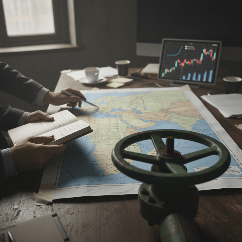 Two people in suits review a world map and a financial chart on a laptop, with a large green valve in the foreground.