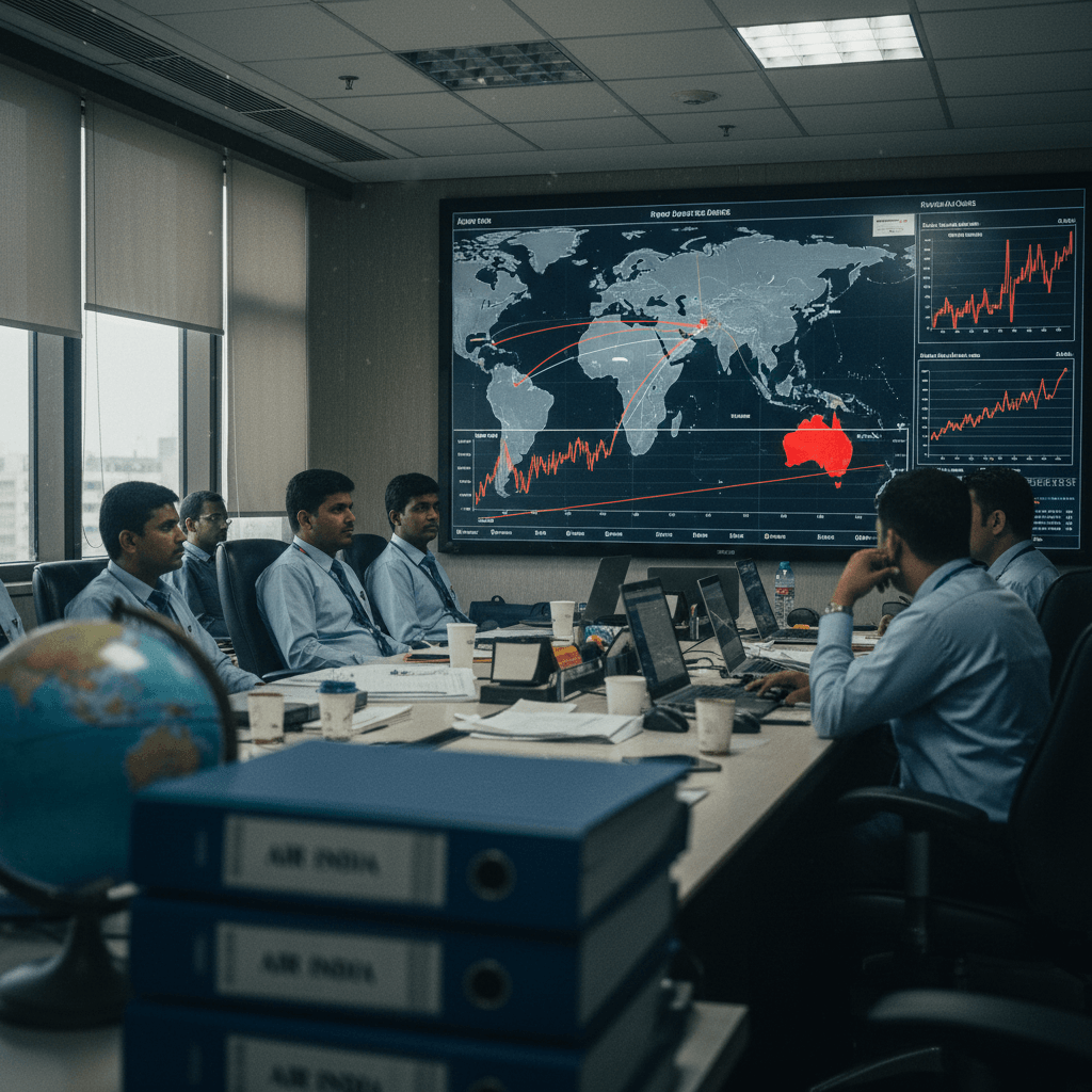Air India executives in a meeting room, looking at a large screen displaying a world map with flight paths and data charts.