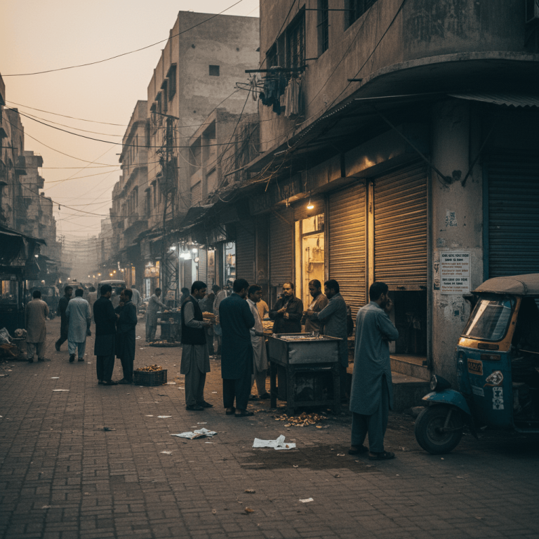 A bustling street scene in a South Asian city at dusk, with people gathered near shops with lowered shutters.