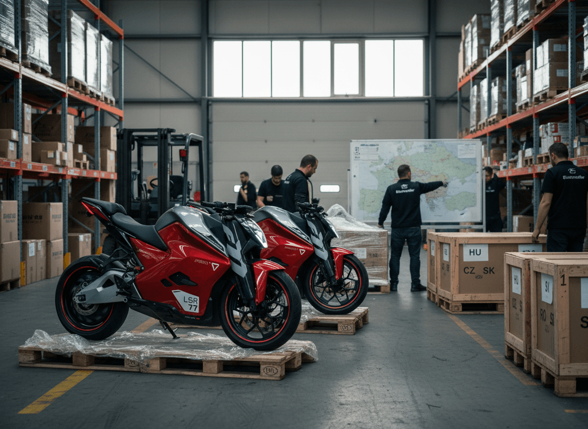 Two electric motorcycles on pallets in a warehouse. Workers discuss a map of Central Europe.