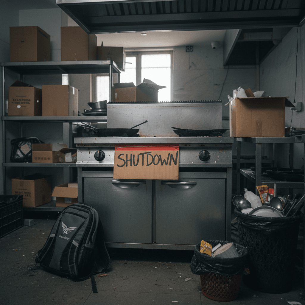 A "SHUTDOWN" sign hangs on a commercial kitchen stove amidst scattered boxes and discarded cooking equipment.