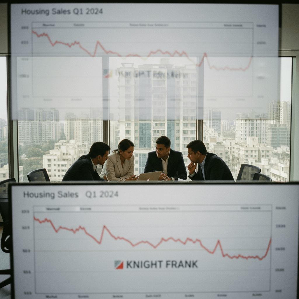 Four businesspeople in formal wear are seated around a laptop in an office, discussing data. Cityscape visible outside.