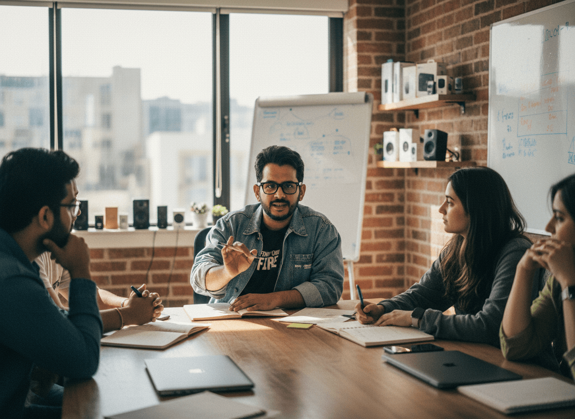 Aman Gupta, wearing glasses and a denim shirt, gestures during a meeting with colleagues at a large wooden table.