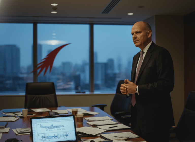 A man in a suit stands by a cluttered conference table with a laptop displaying an airplane diagram.