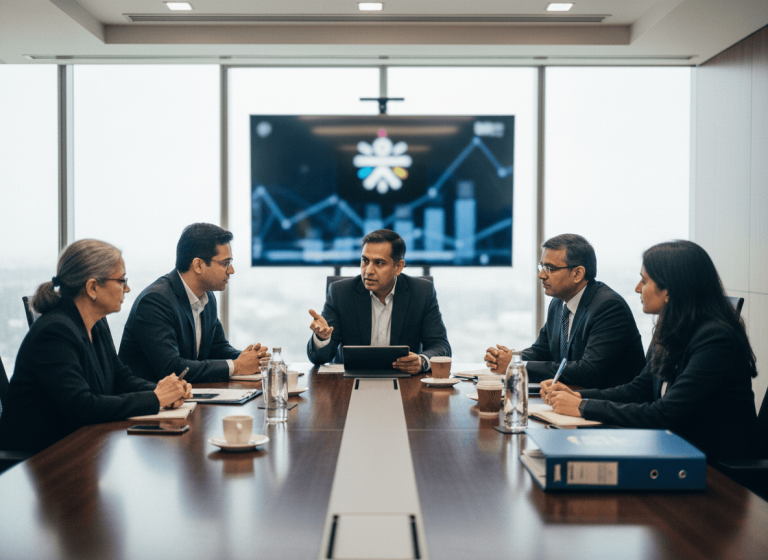 A group of five executives, three men and two women, seated around a large conference table in a modern office.