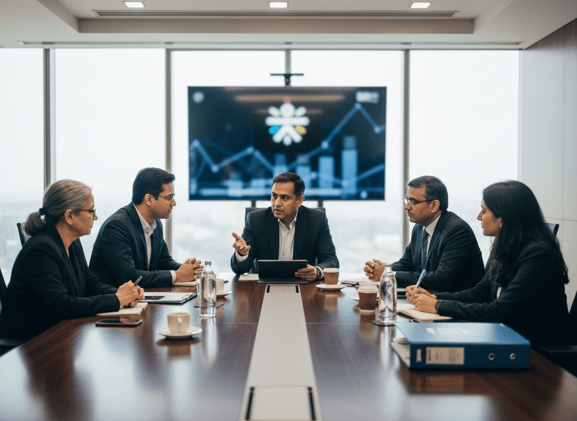 A group of five executives, three men and two women, seated around a large conference table in a modern office.