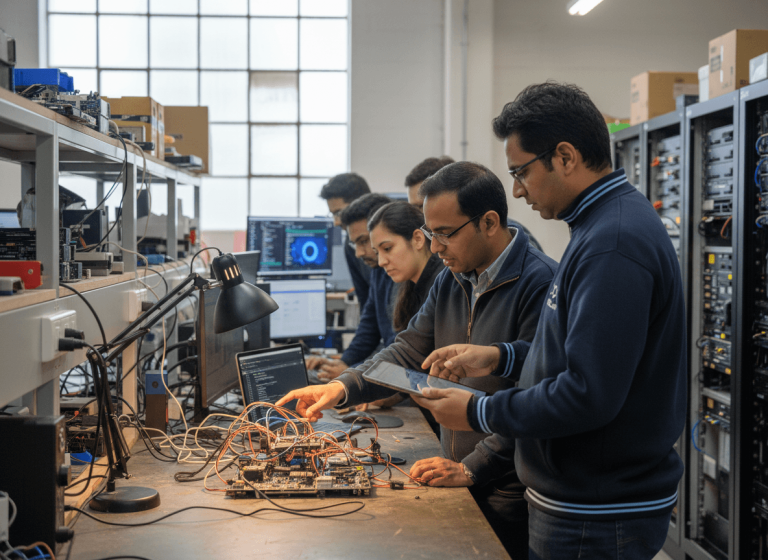 A team of engineers, including the founders, collaborating on circuit boards and computers in a busy electronics lab.