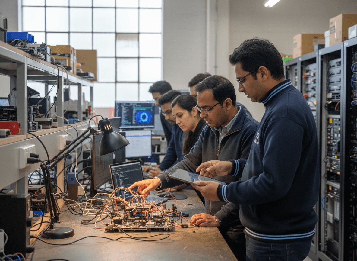 A team of engineers, including the founders, collaborating on circuit boards and computers in a busy electronics lab.