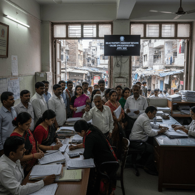 A crowded government office in Delhi, where numerous residents are filling out forms and waiting in line.