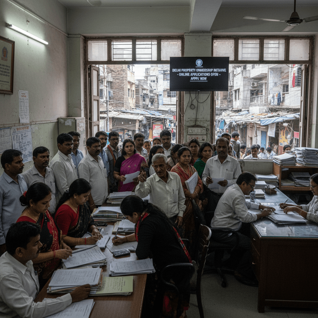 A crowded government office in Delhi, where numerous residents are filling out forms and waiting in line.
