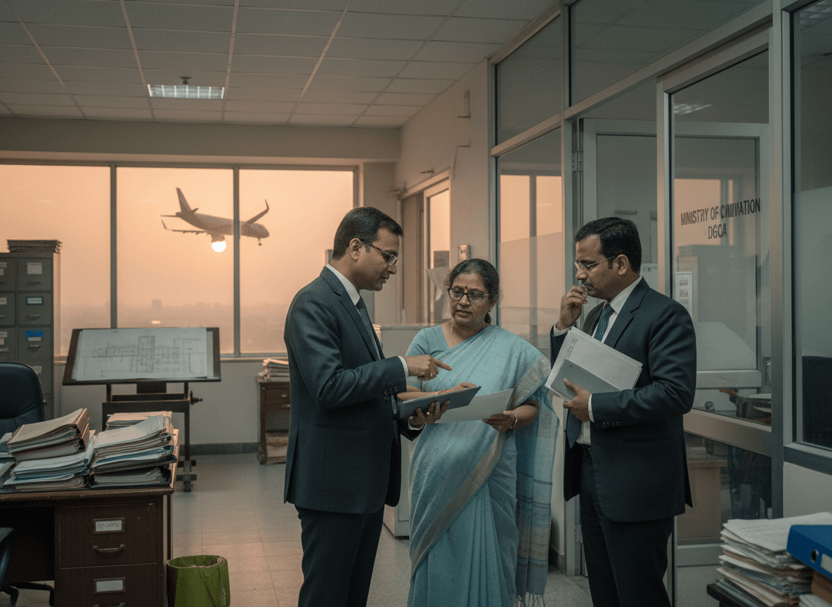Three Indian officials, two men in suits and a woman in a sari, discuss documents in an office. A plane lands outside.